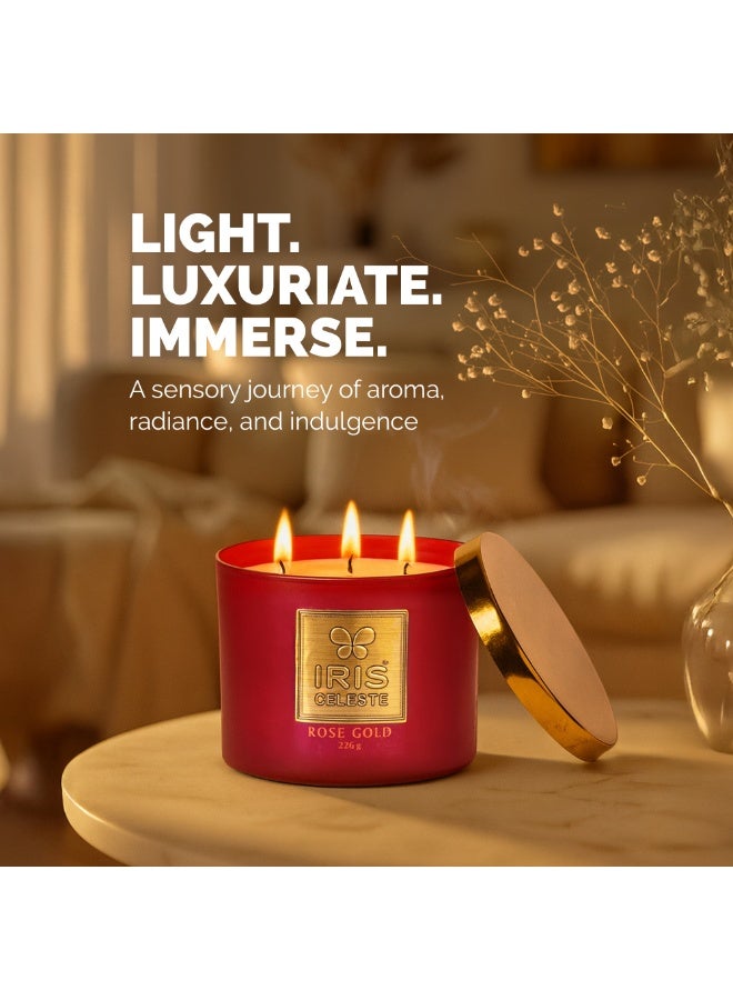 IRIS CELESTE شمعة جرة ذهبية وردية مع غطاء - 226 جرام، شمعة معطرة بثلاث فتائل 8 أونصات | عطر زهور دافئ | مثالية لهدايا رمضان والعيد، الاحتفالات، التأمل وتعبئة الغرف - Image 1